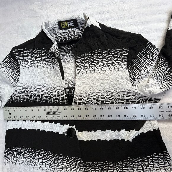 Pure Essence Womens Crinkle Textured Striped Button-Front Swing Jacket Black - Picture 5 of 7